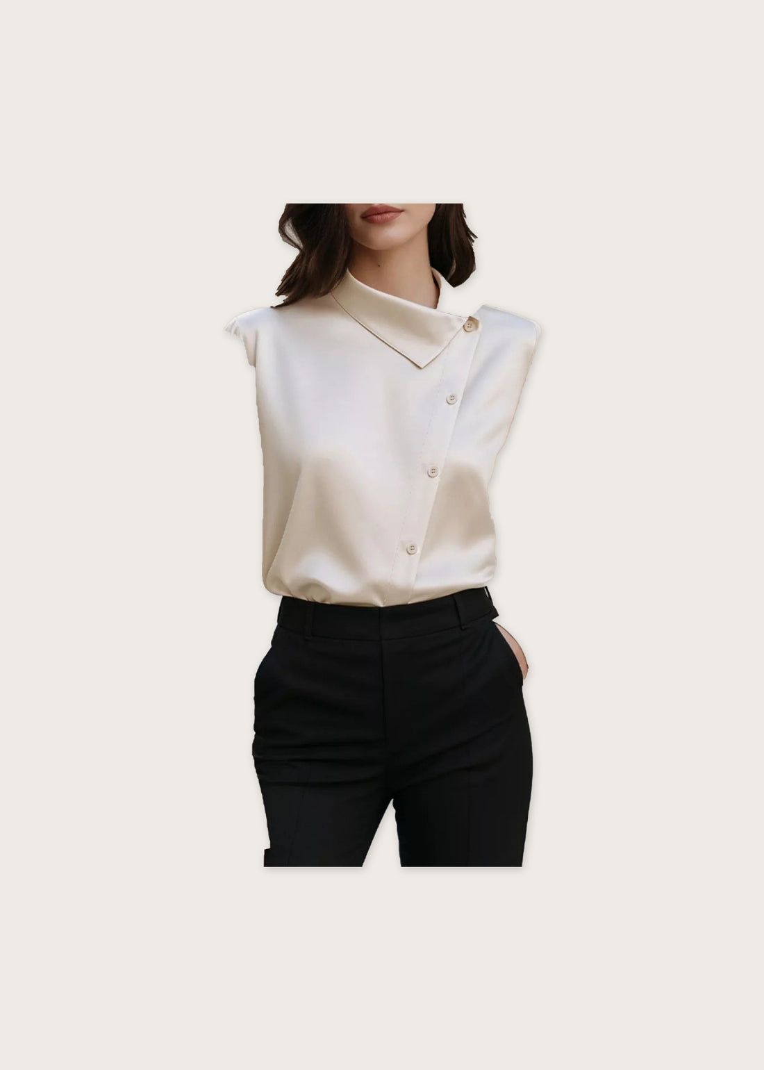 Asymmetric collar satin blouse, Beige, front