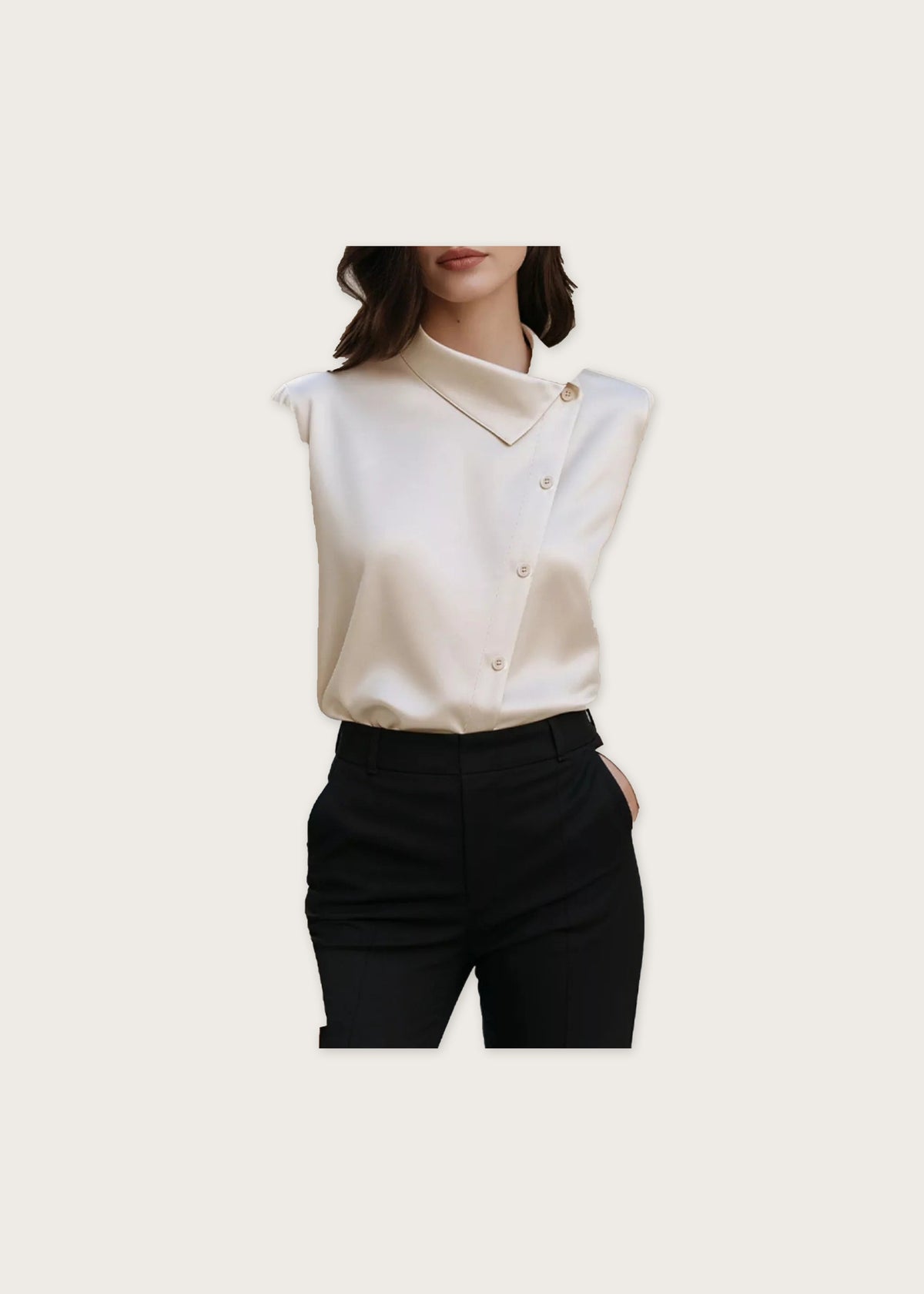 Asymmetric collar satin blouse, Beige, front