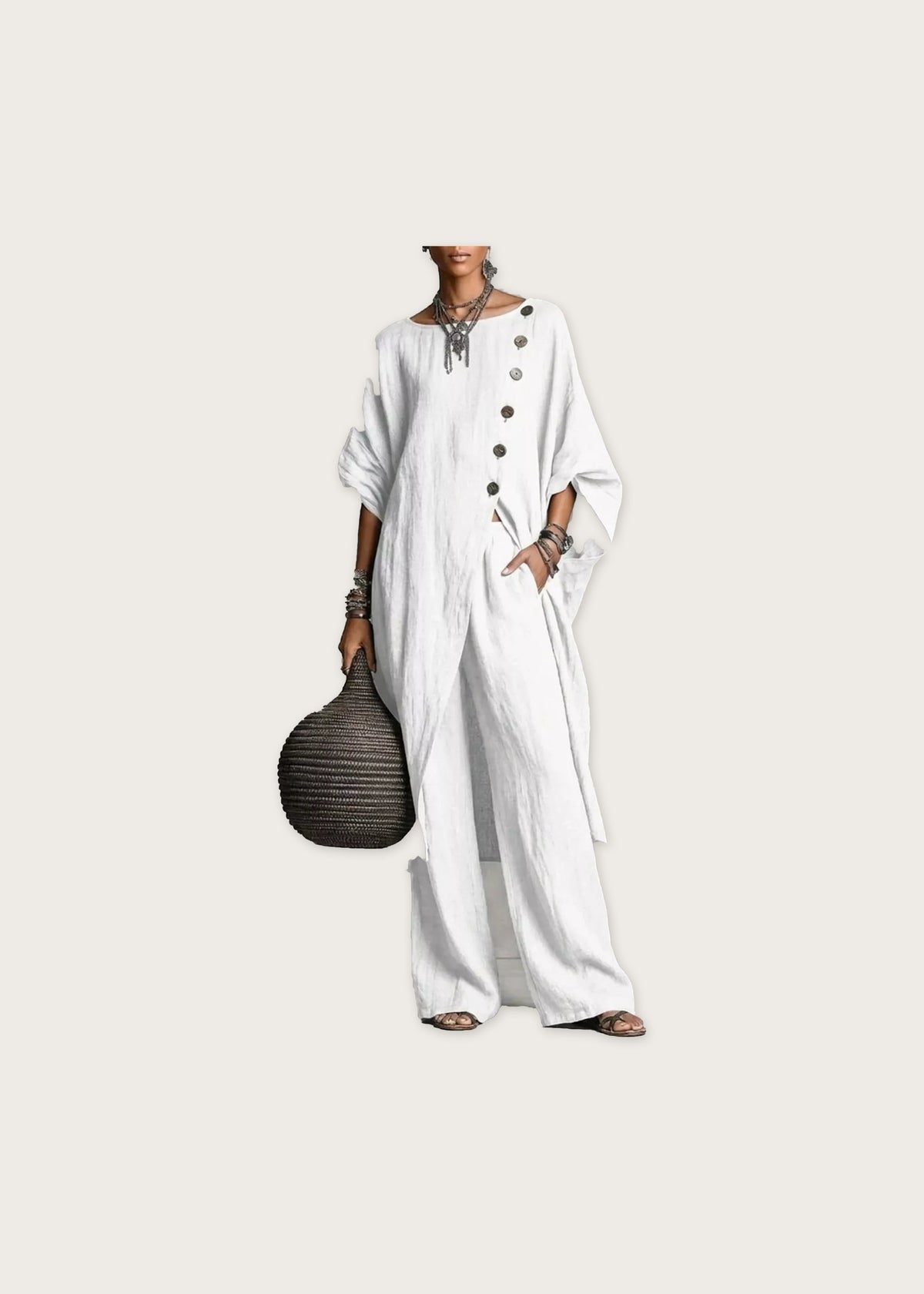 Asymmetric shirt and wide leg trouser set, White, front