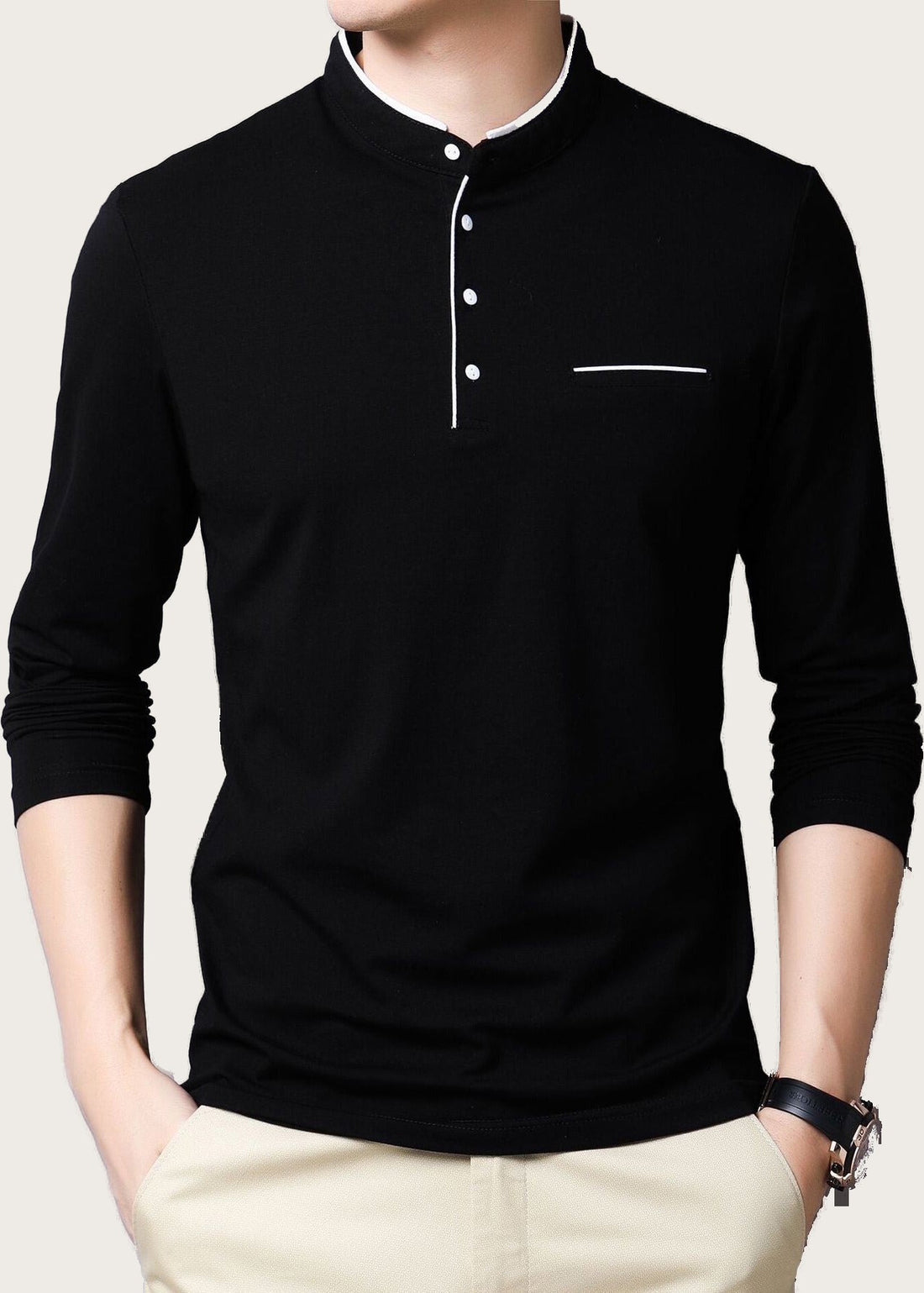 Band collar long sleeve henley, Black, front