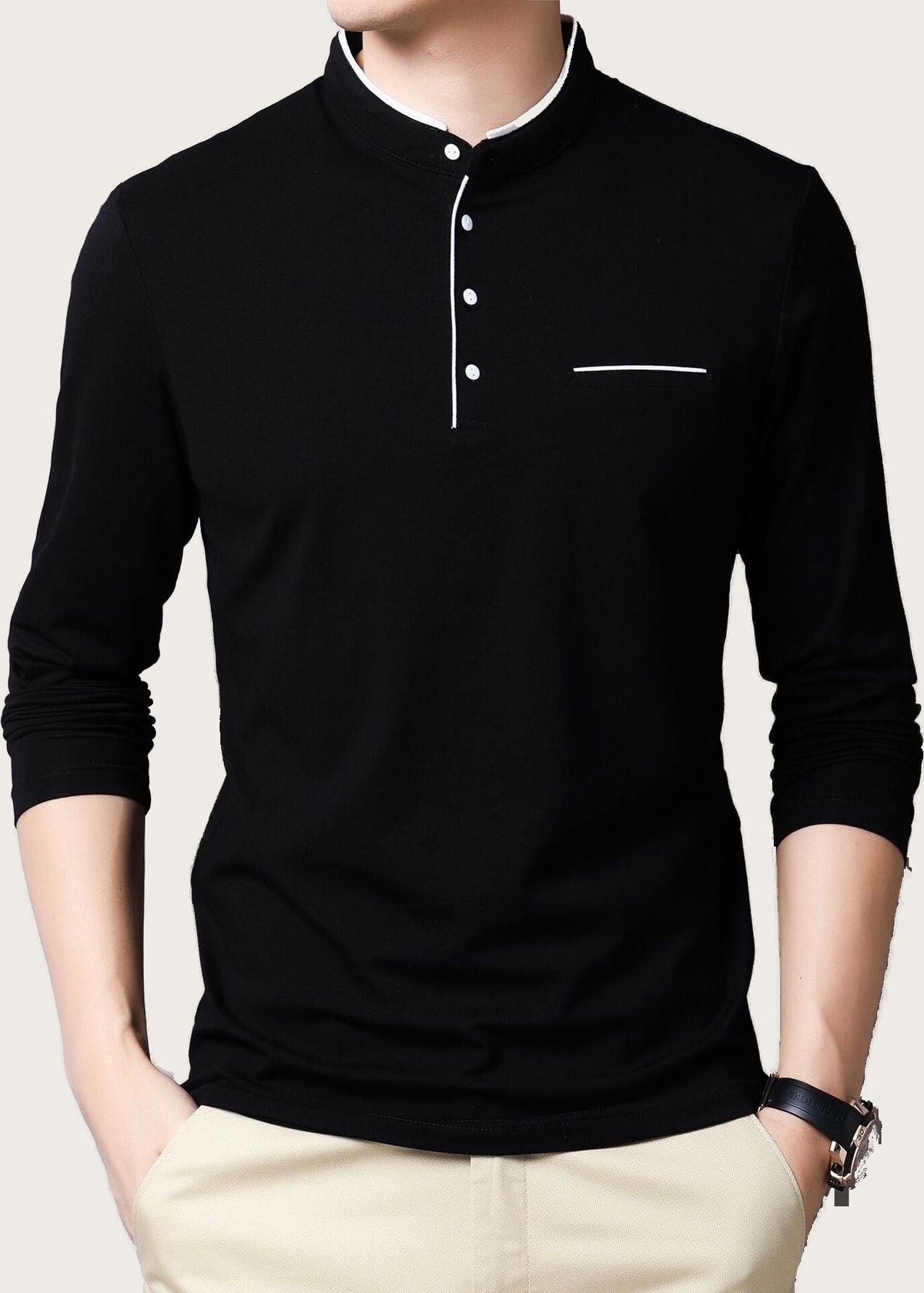 Band collar long sleeve henley, Black, front