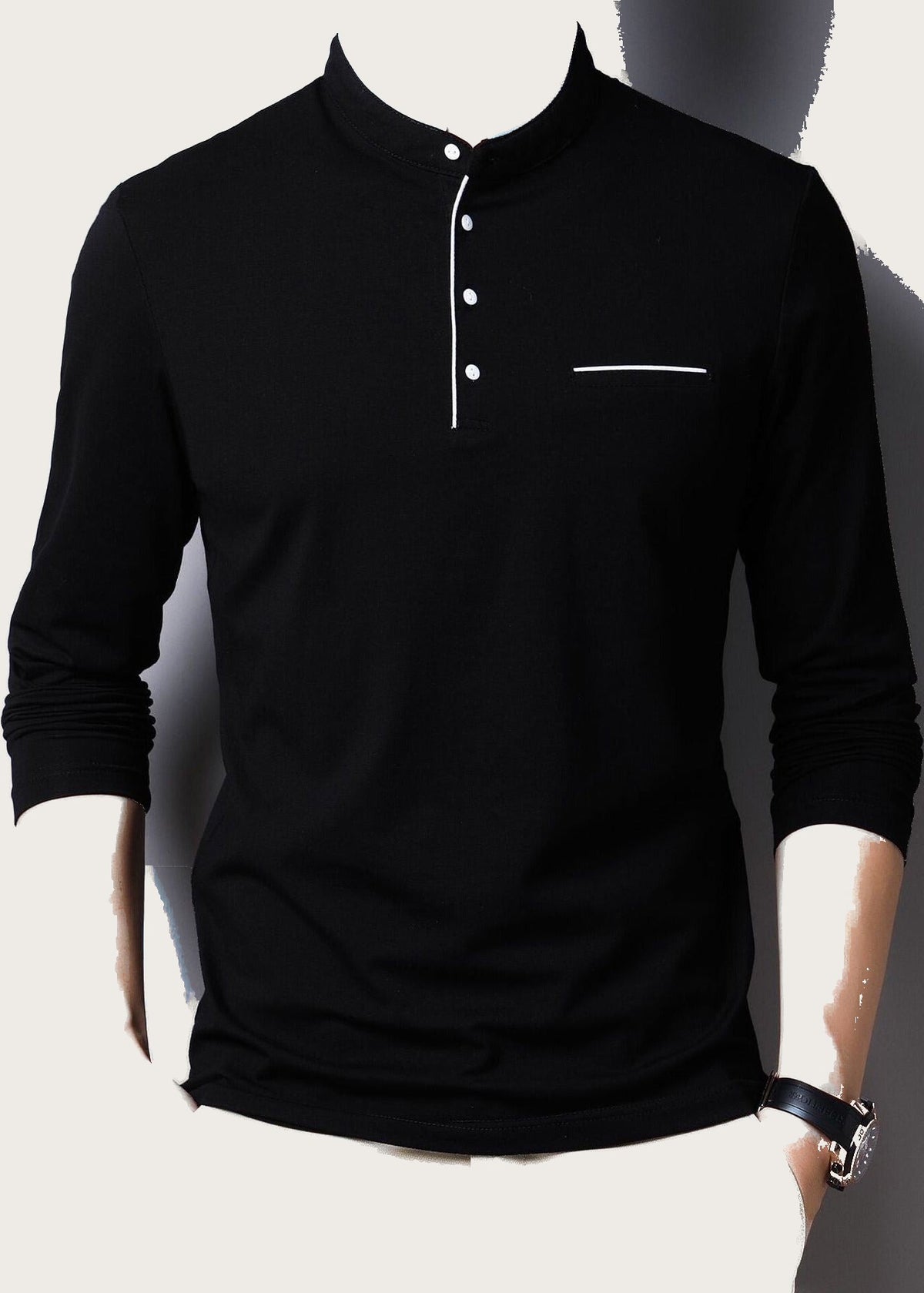 Band collar long sleeve henley, Black, front