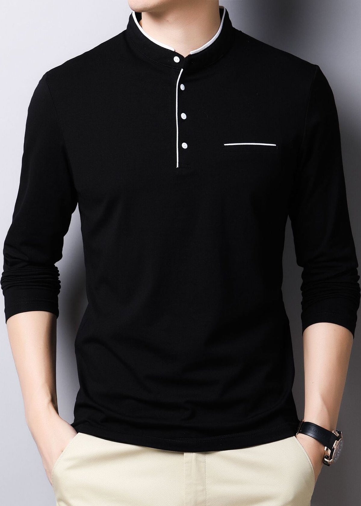 Band collar long sleeve henley, Black, front