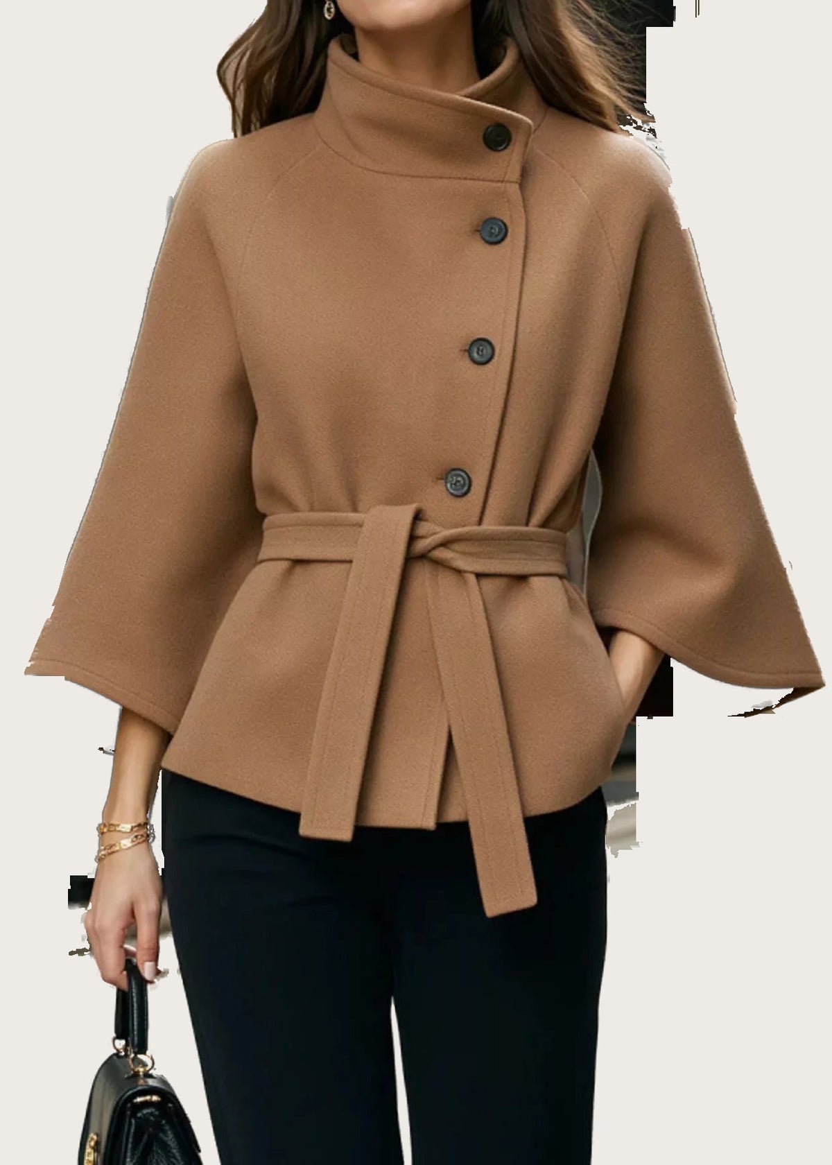 Belted cape coat, Caramel, front