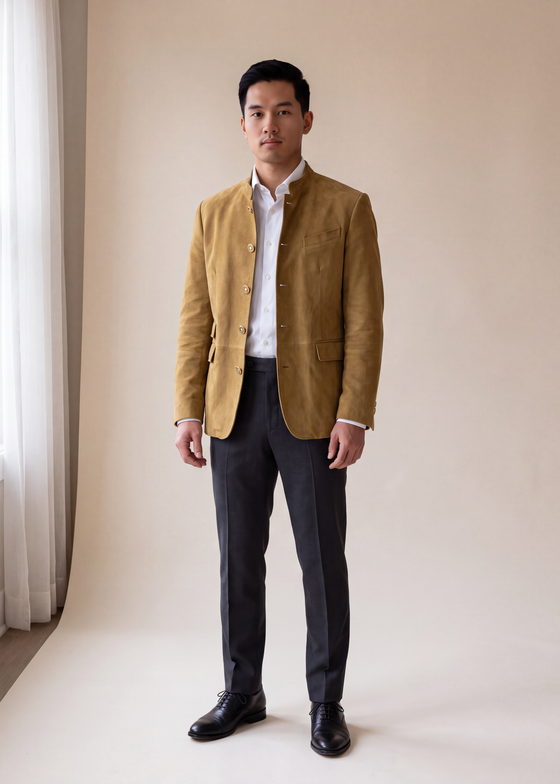 Button up long sleeve blazer, Khaki, worn full length in the studio