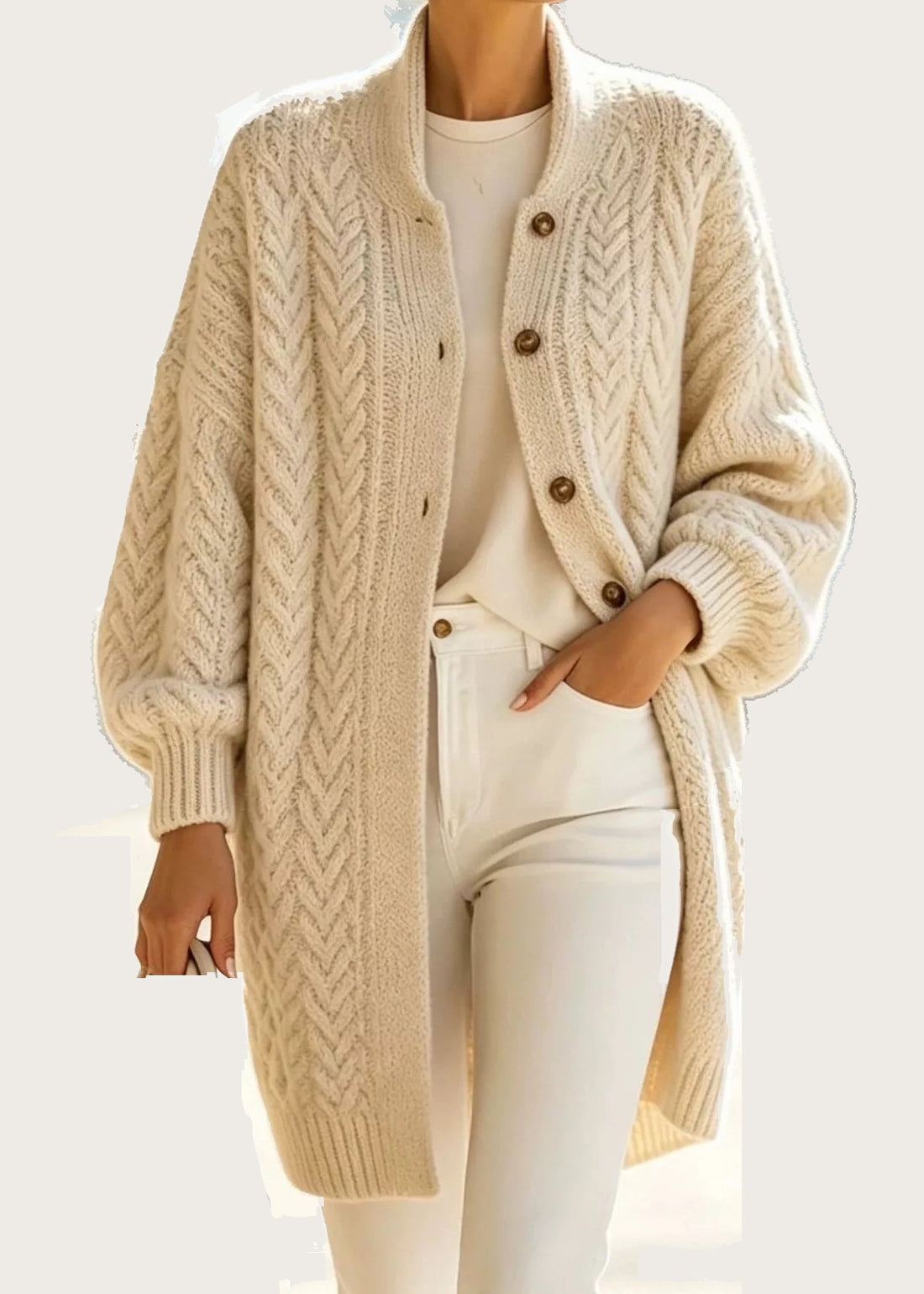 Cable knit cardigan, Cream, front