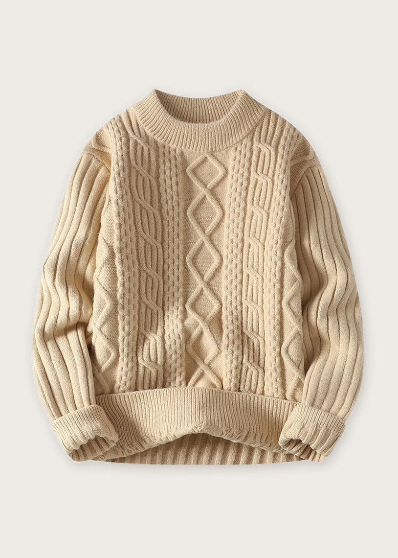 Cable knit crew sweater, Khaki cable, flat