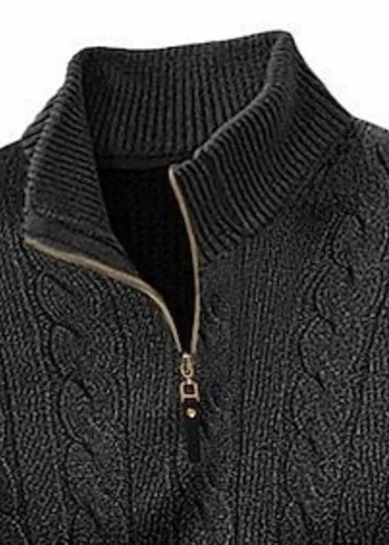 Cable knit half zip sweater, Black, zip collar detail