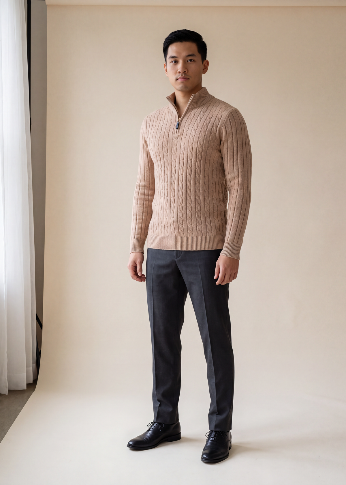 Cable knit half zip sweater, Khaki, worn full length in the studio