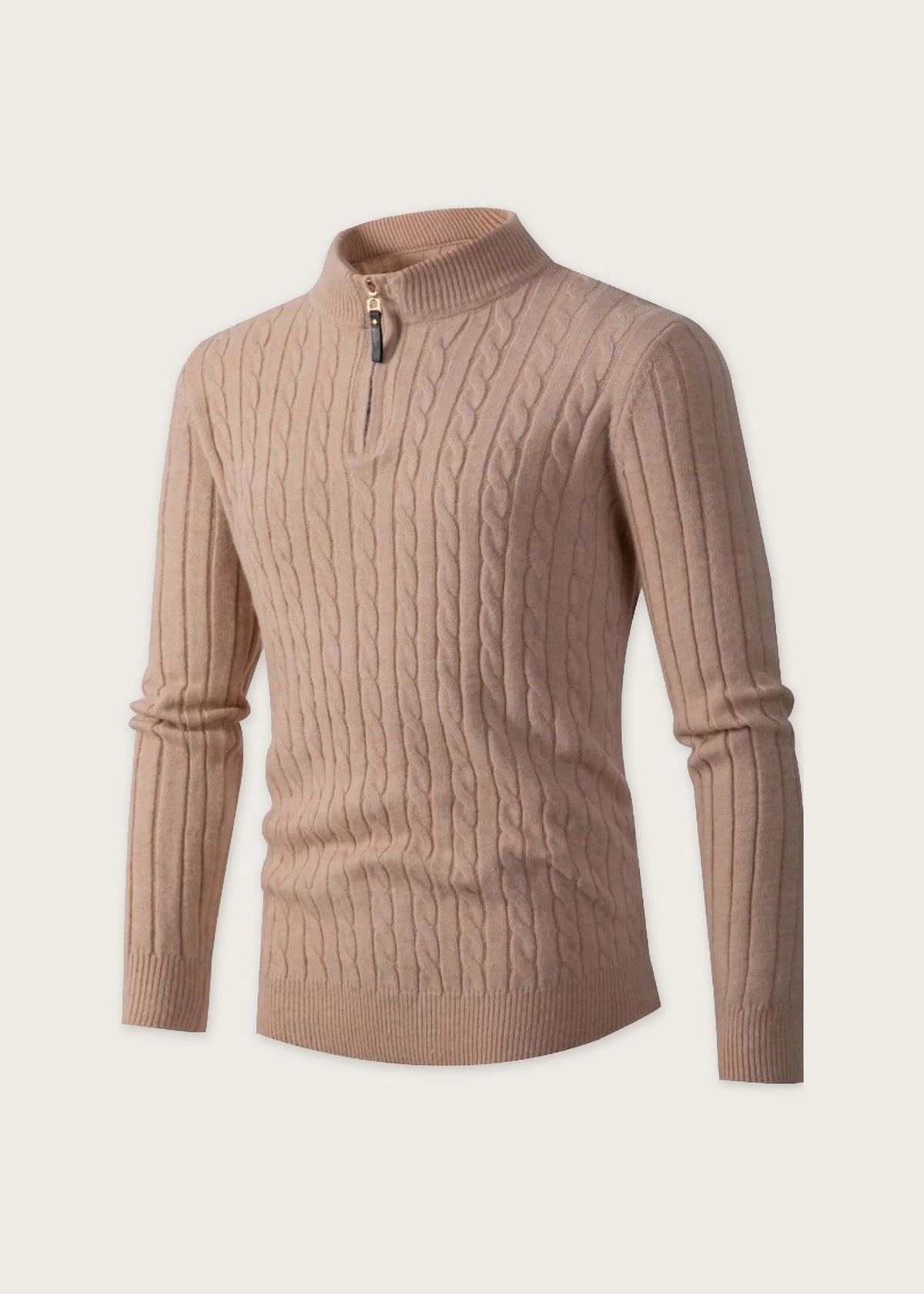 Cable knit half zip sweater, Khaki, front