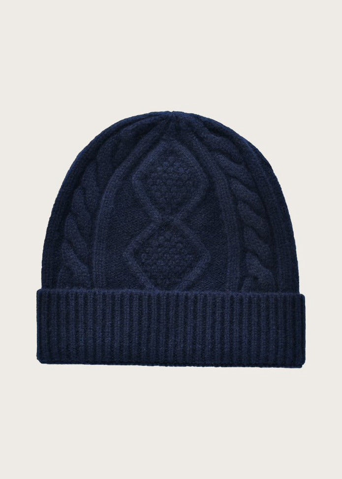 Cable knit wool beanie, Navy Blue, flat