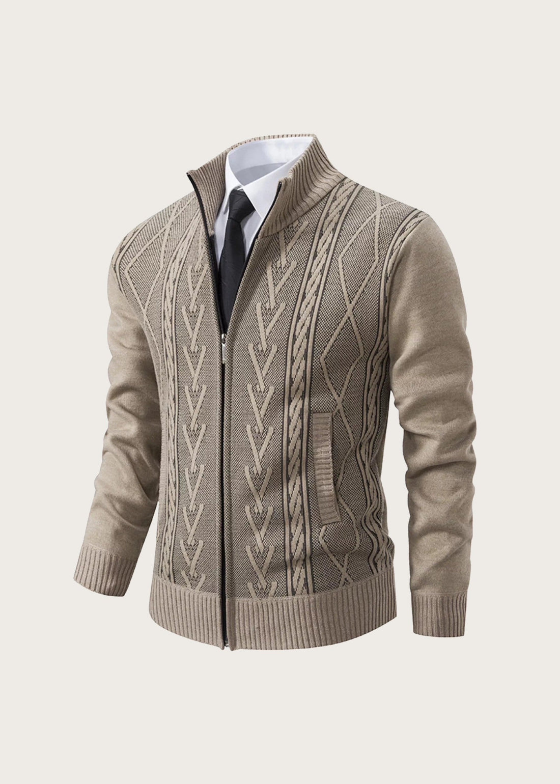 Cable knit zip cardigan, Beige, flat
