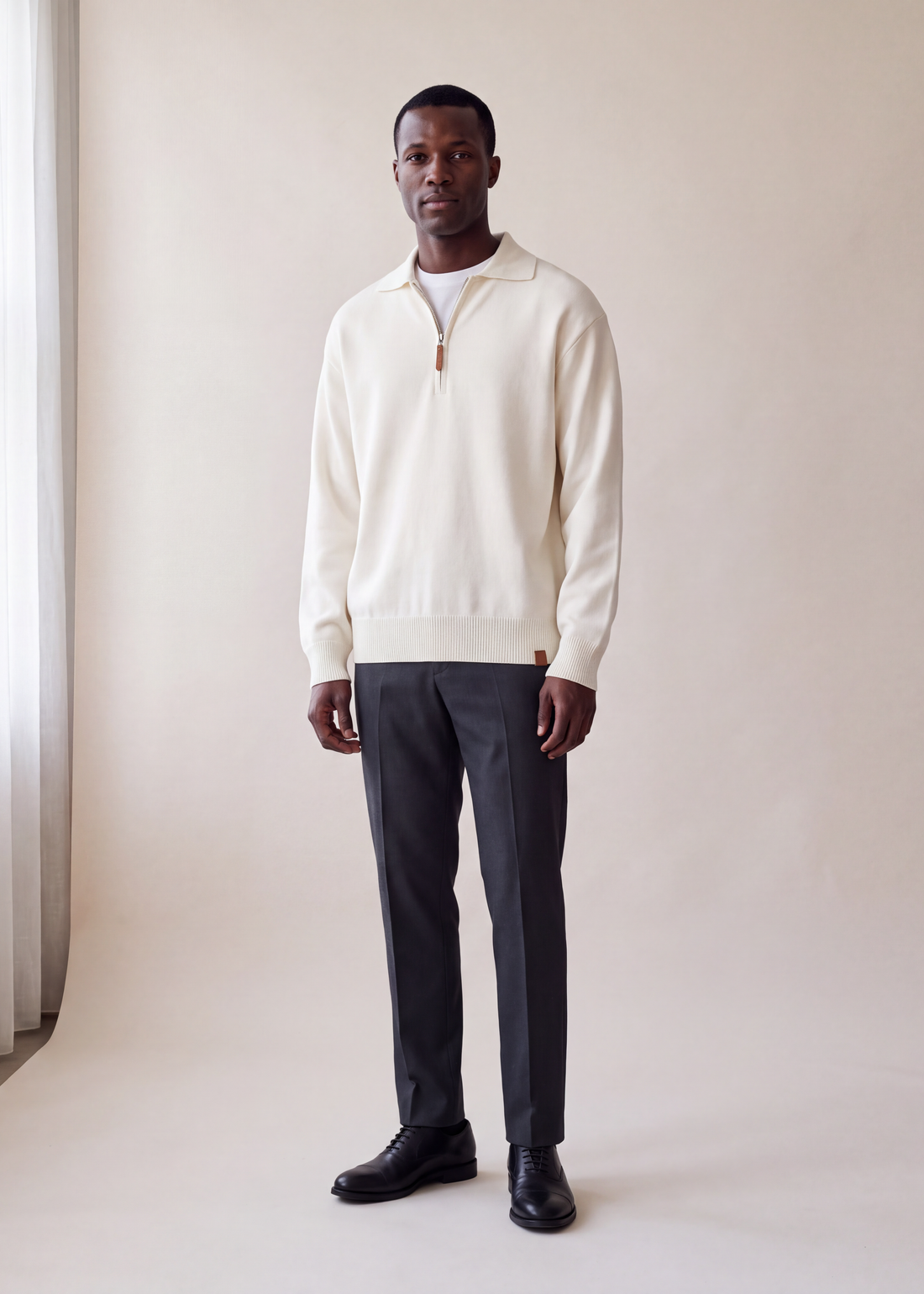 Collared half zip sweater, Cream, worn full length in the studio