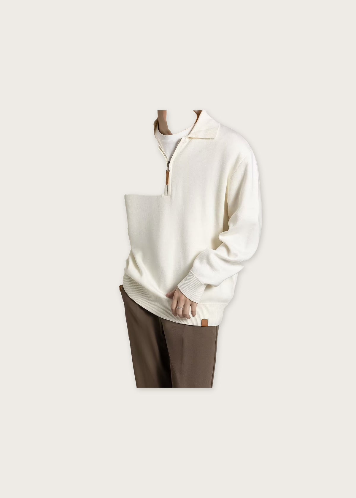 Collared half zip sweater, Cream, front