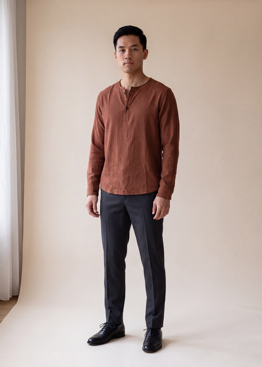 Cotton henley shirt, Brown, worn full length in the studio