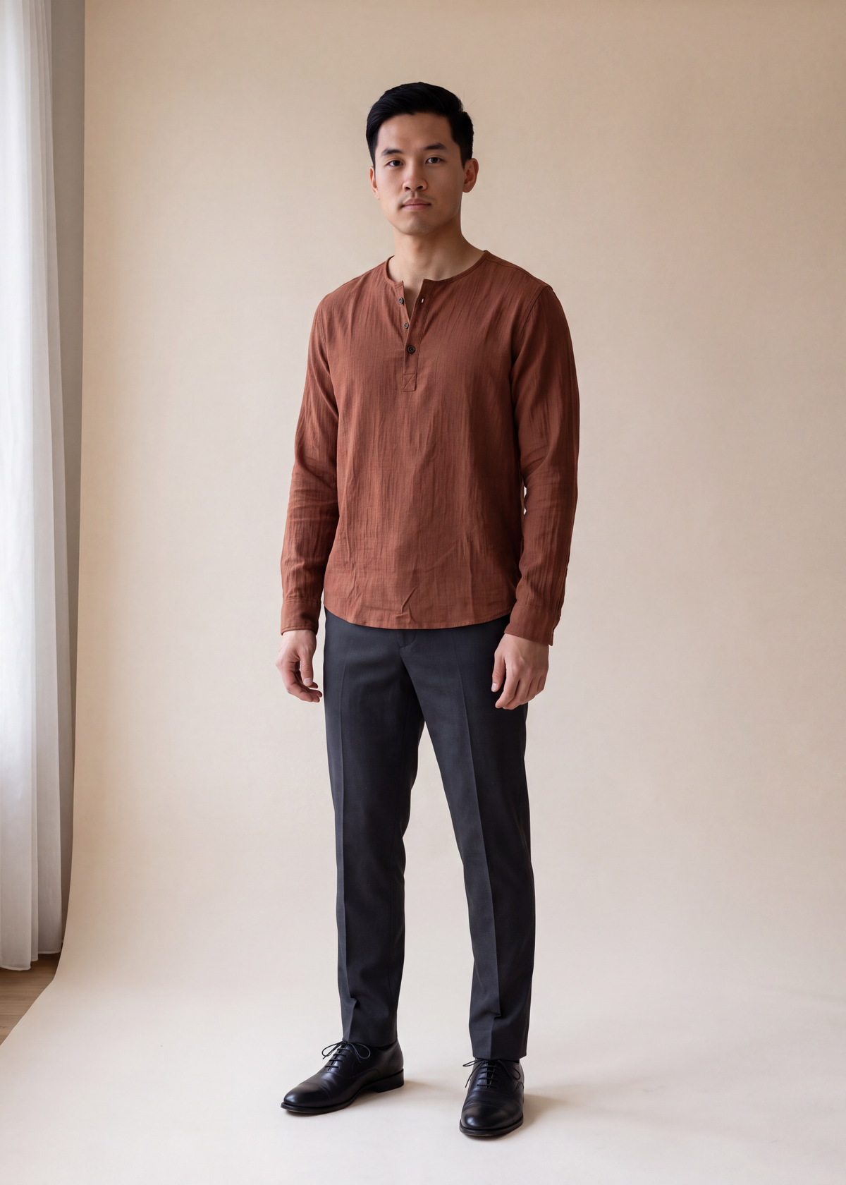 Cotton henley shirt, Brown, worn full length in the studio