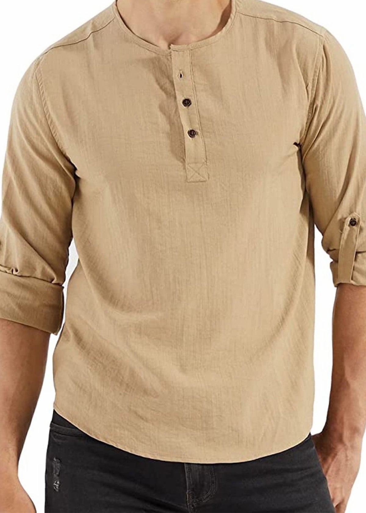 Cotton henley shirt, Khaki, front