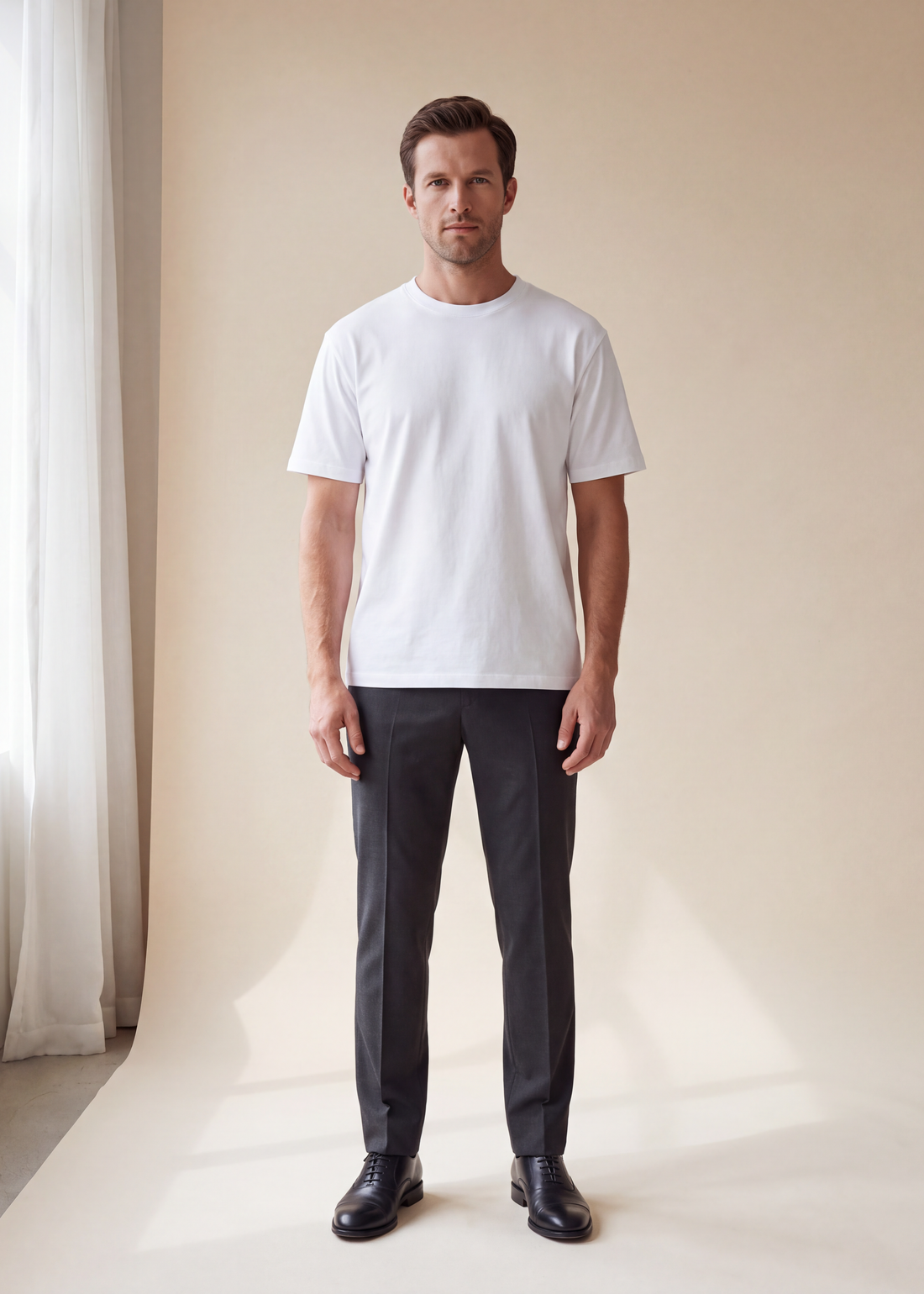 Relaxed crew neck tee, White, worn full length in the studio
