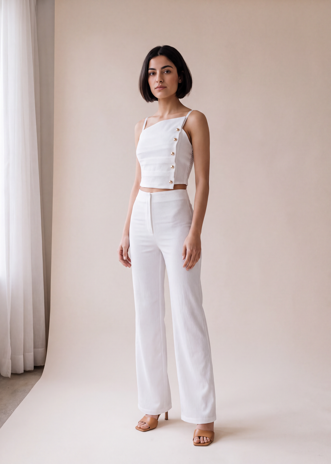 Button cami and wide leg pants set, White, worn full length in the studio