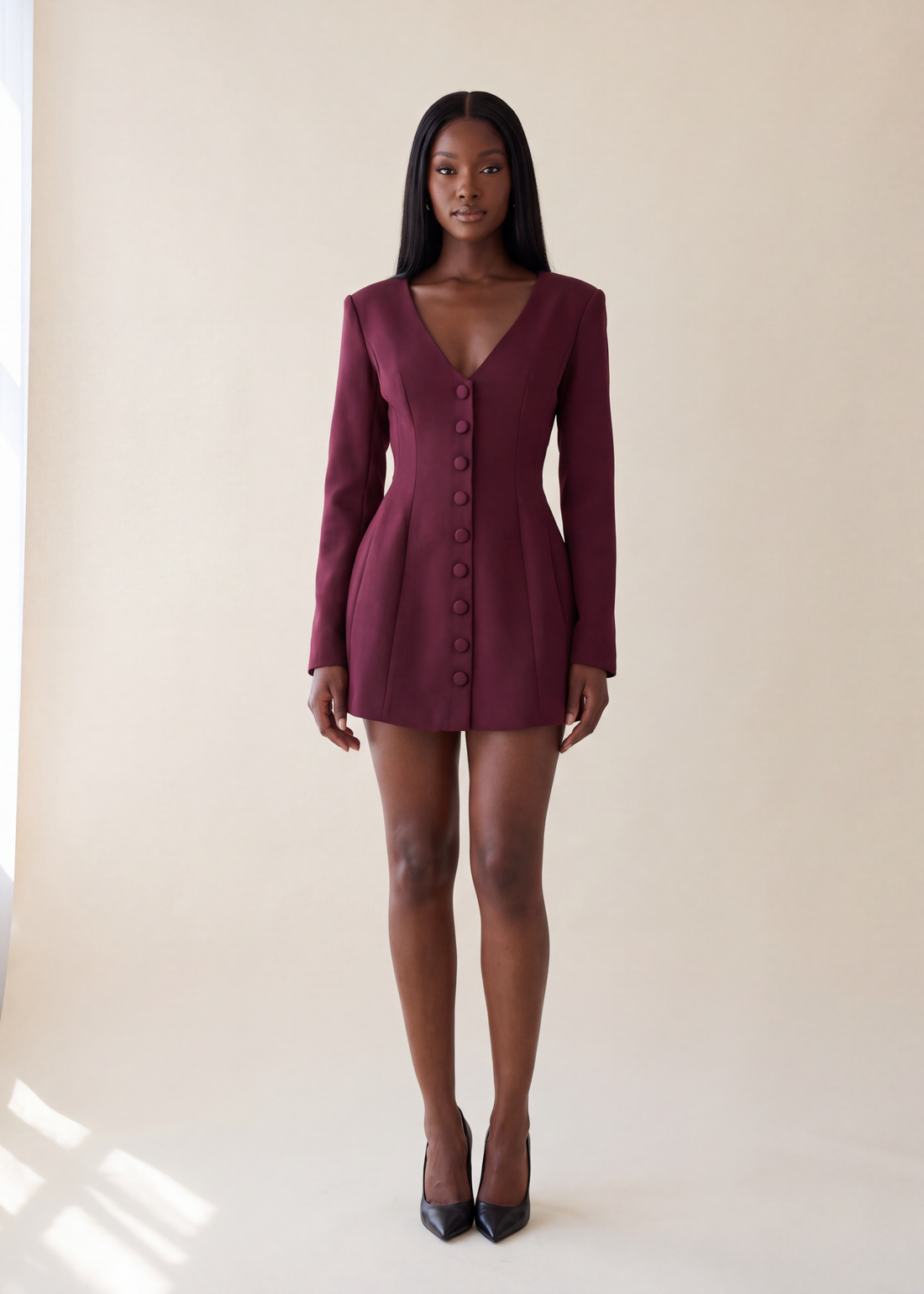 Deep V blazer dress, Wine Red, worn full length in the studio