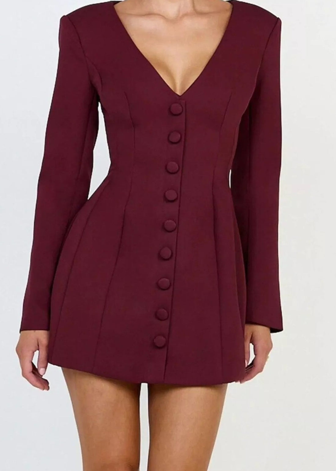 Deep V blazer dress, Wine Red, front