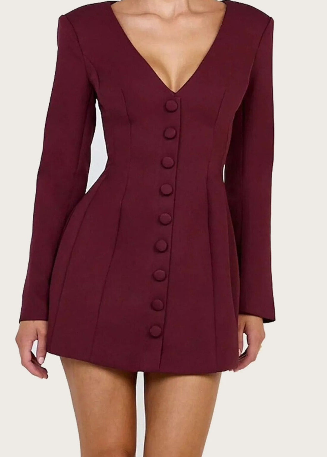 Deep V blazer dress, Wine Red, front
