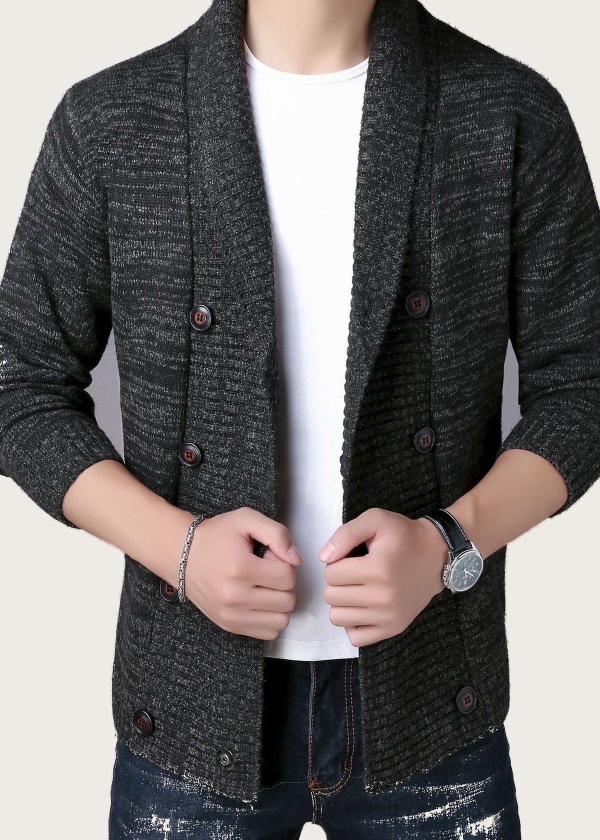Double breasted shawl cardigan, Black, front
