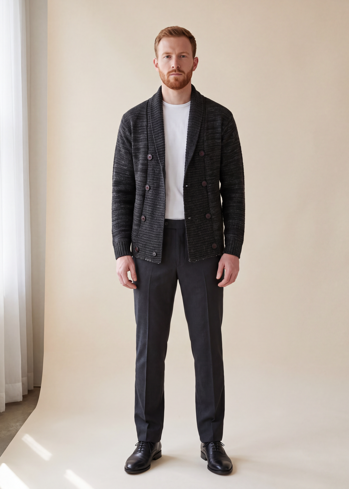 Double breasted shawl cardigan, Black, worn full length in the studio