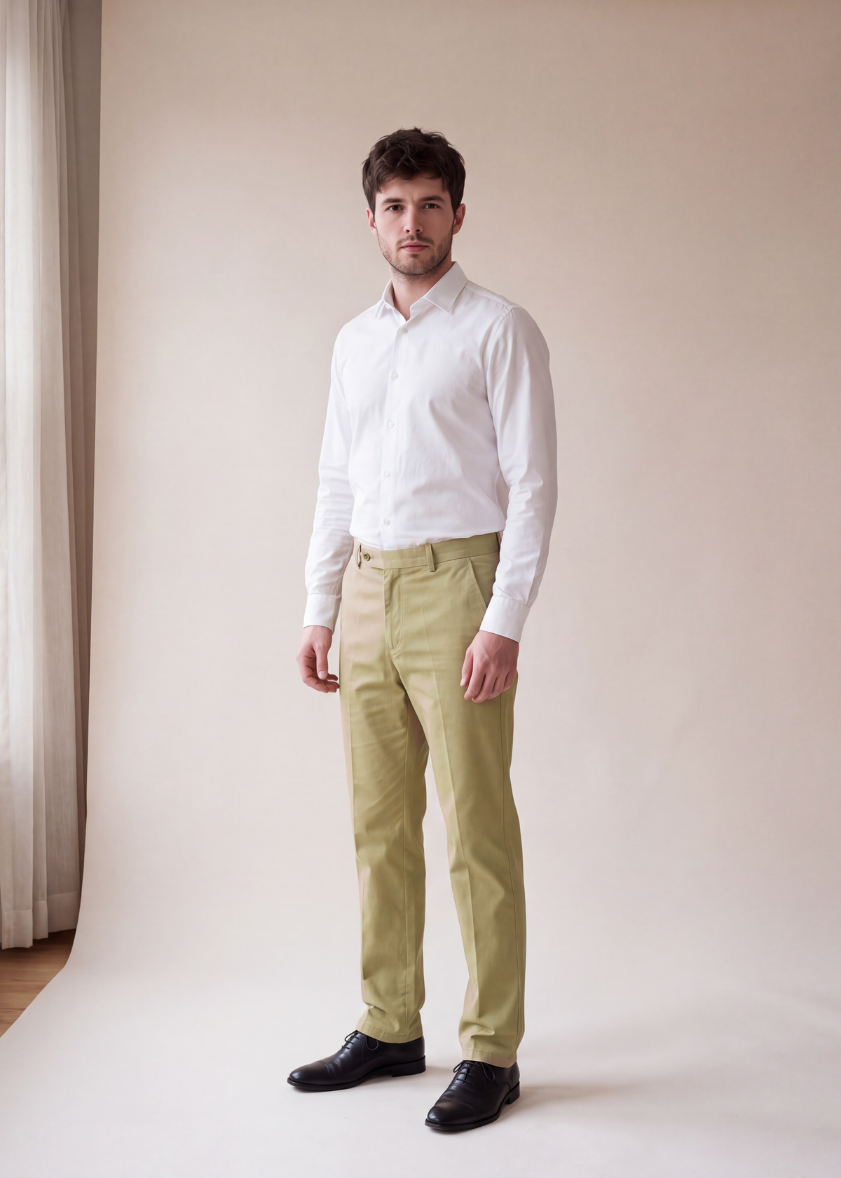 Flat front straight trousers, Khaki, worn full length in the studio