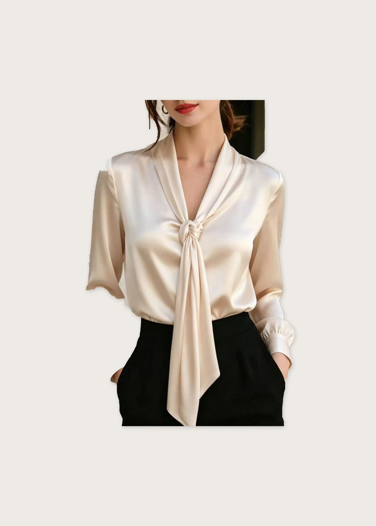 Tie front satin blouse, Beige, front