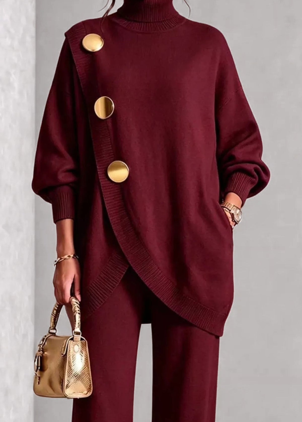 Turtleneck knit and trouser set, Wine Red, front