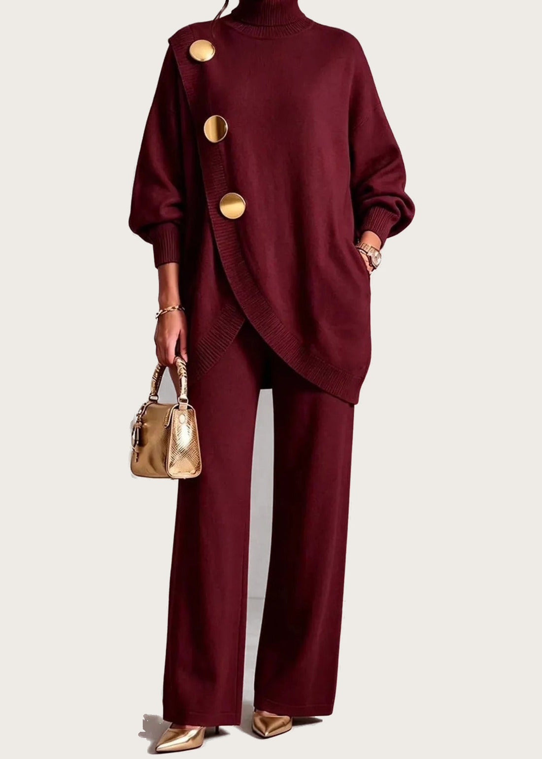 Turtleneck knit and trouser set, Wine Red, front