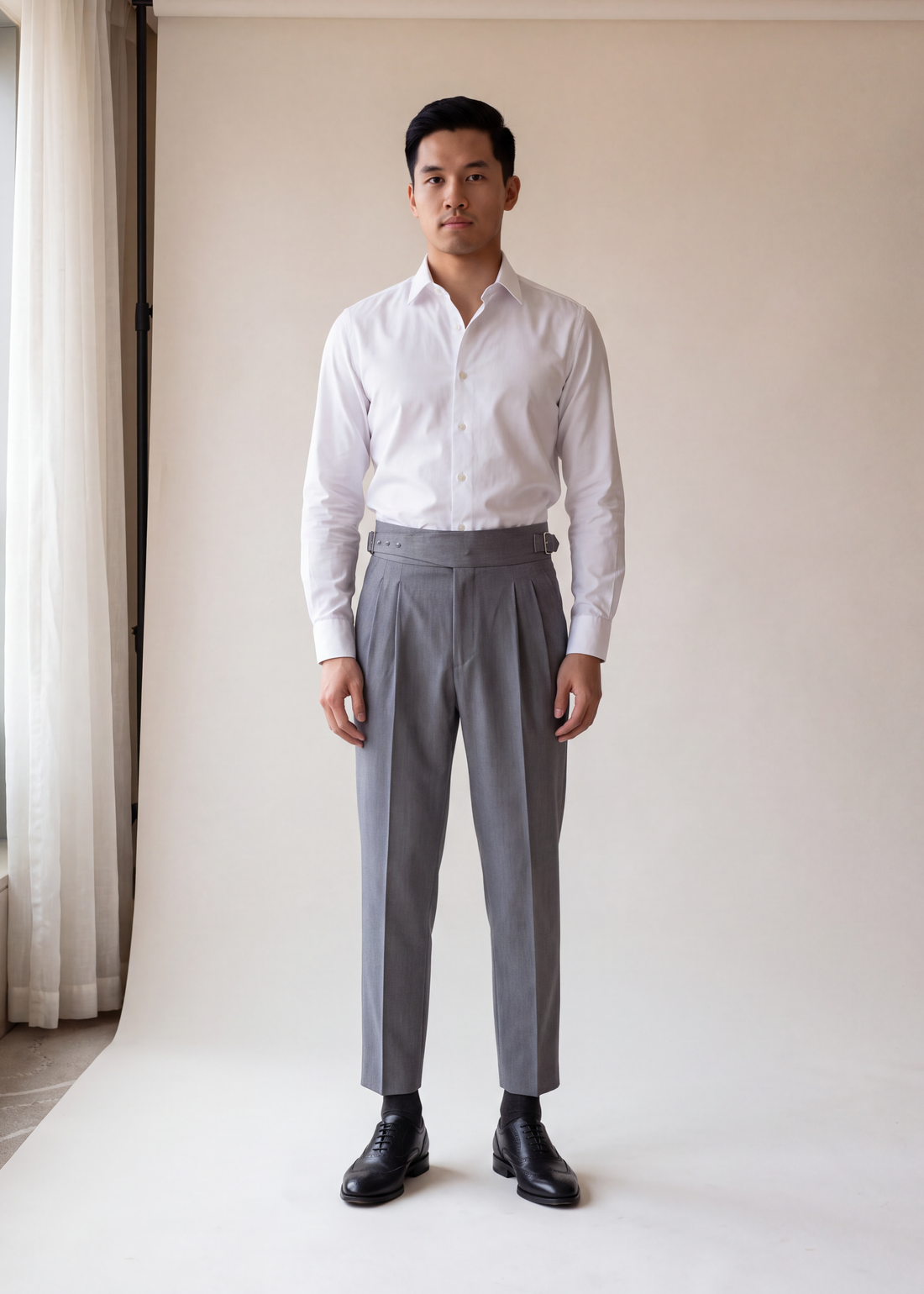 High waist pleated trousers, Grey, worn full length in the studio