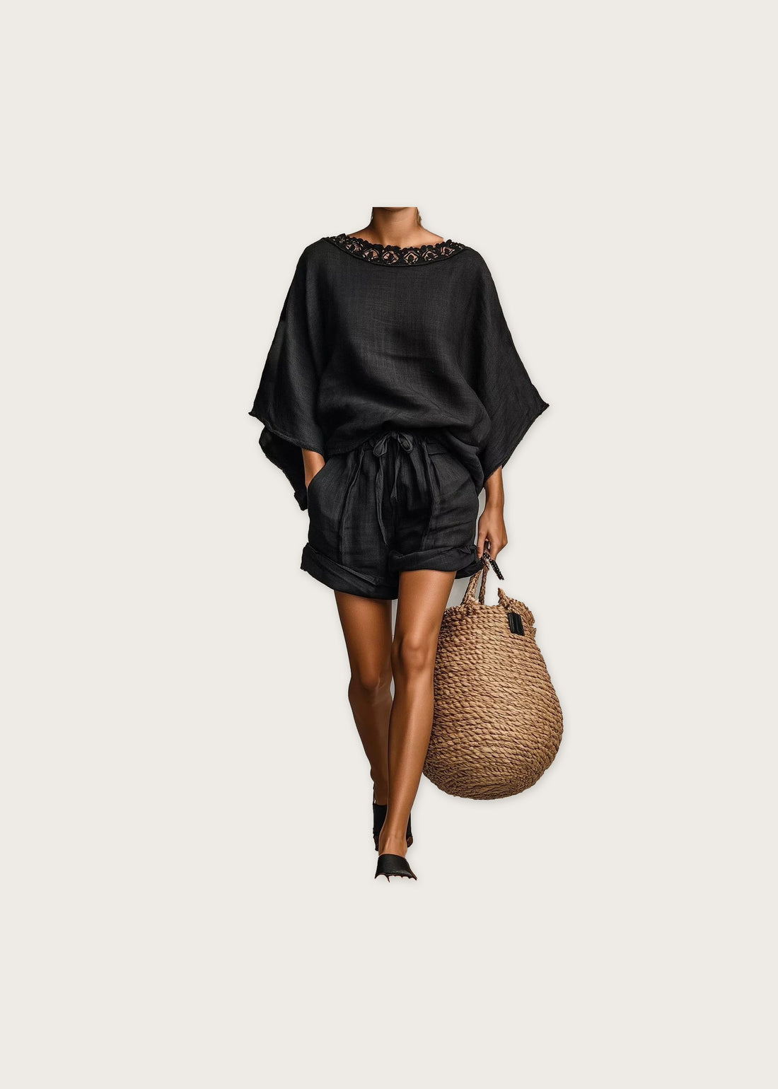 Lace trim top and shorts set, Black, front