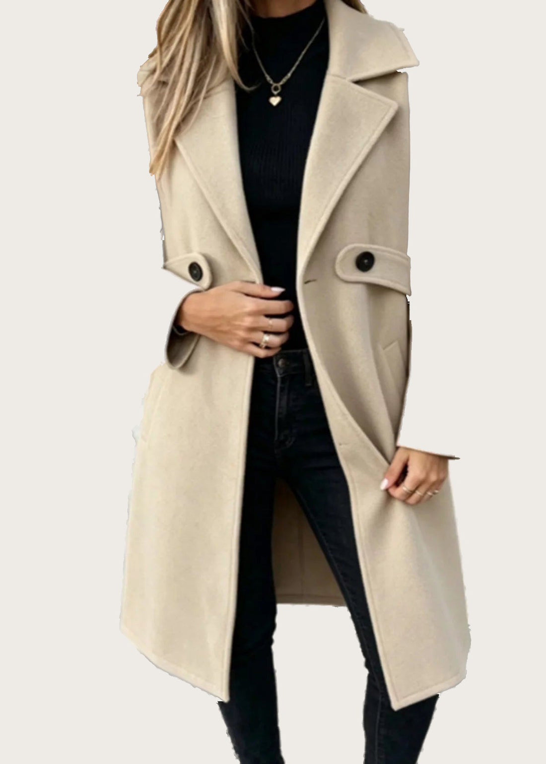 Lapel collar longline overcoat, Apricot, front