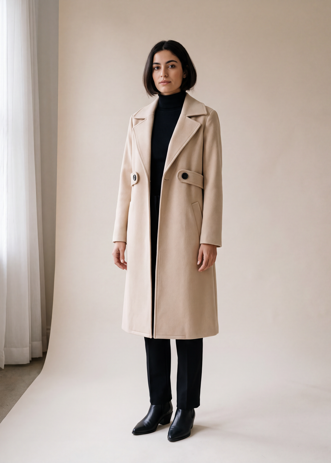 Lapel collar longline overcoat, Apricot, worn full length in the studio