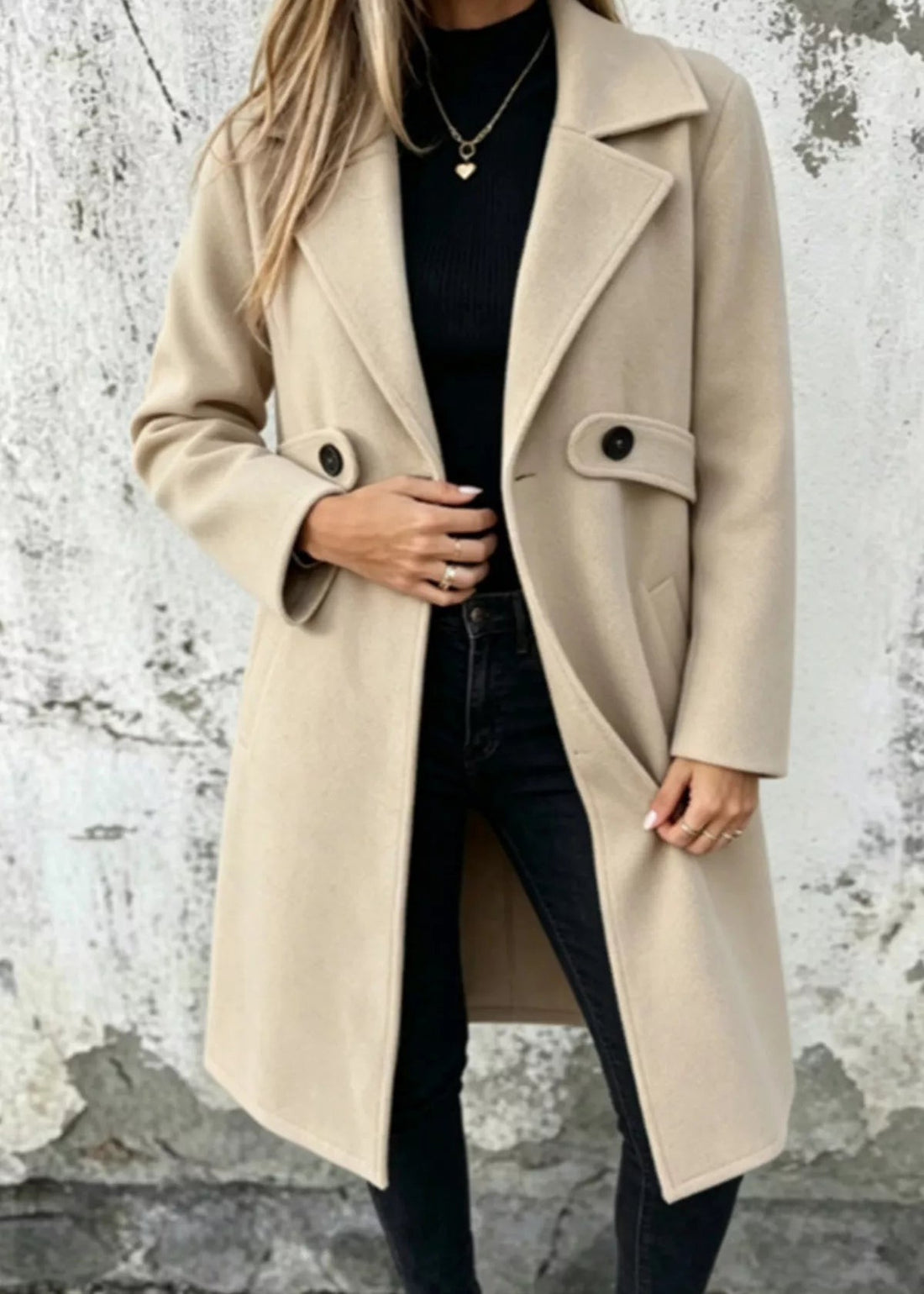 Lapel collar longline overcoat, Apricot, front