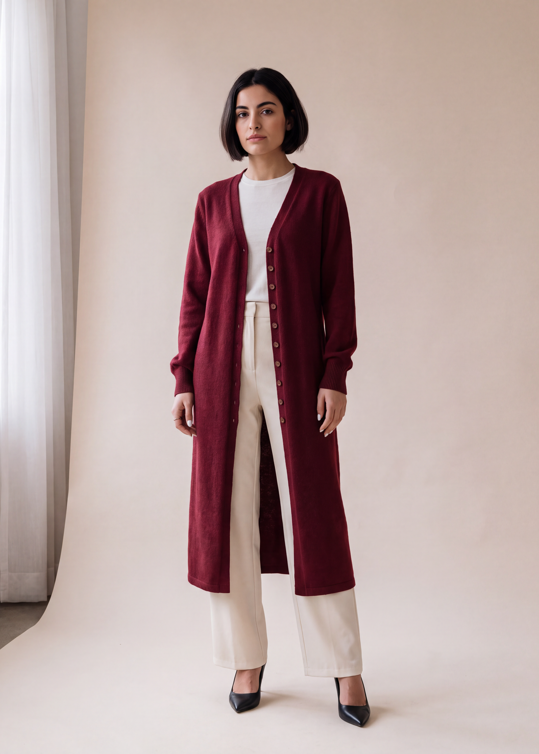 Longline lantern sleeve cardigan, Deep red, worn full length in the studio