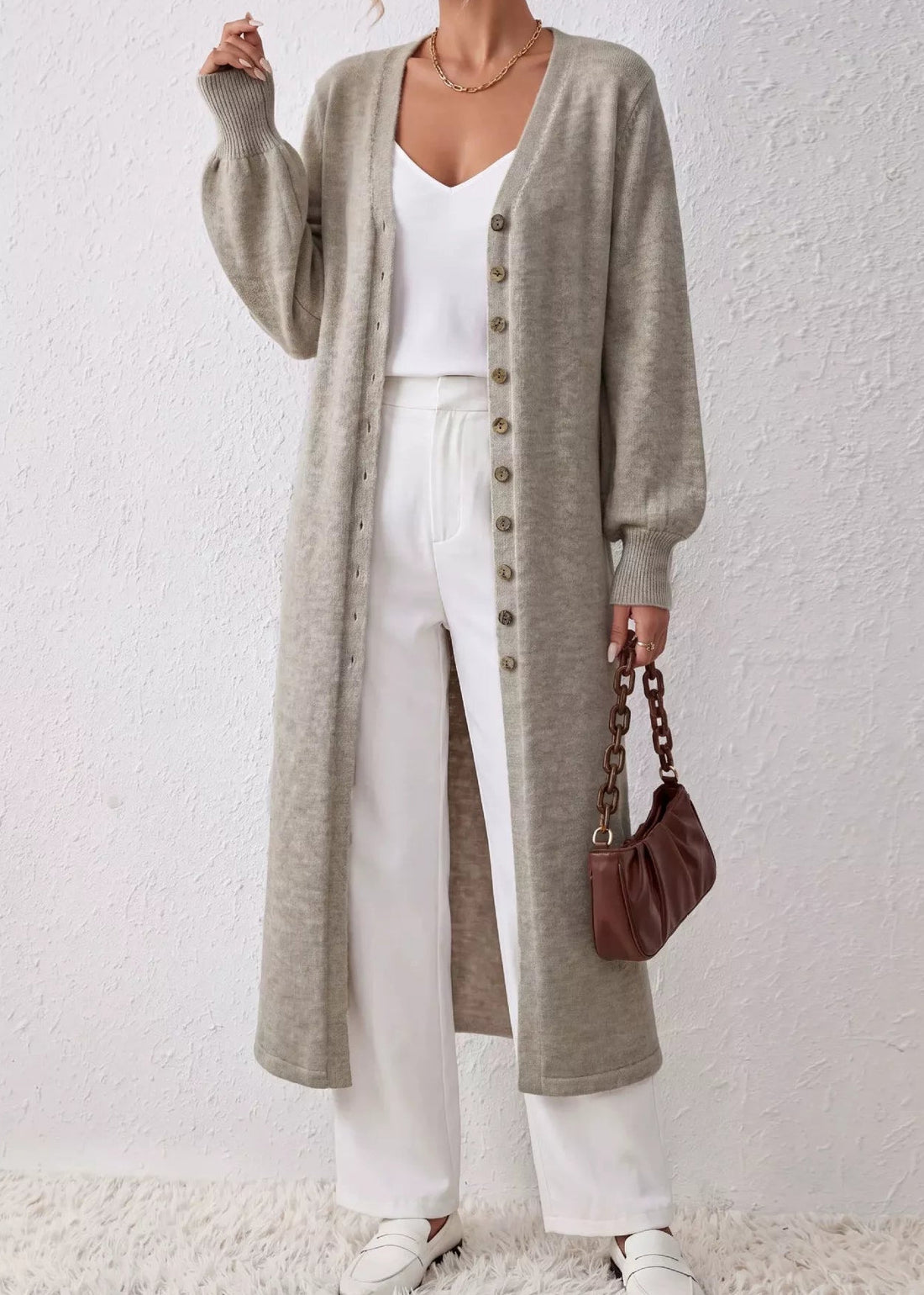 Longline lantern sleeve cardigan, Light Gray, front