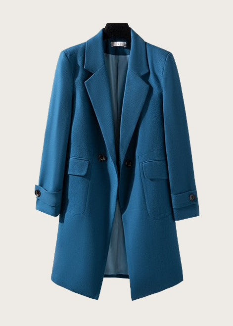Longline tailored coat, Blue, full length on a hanger