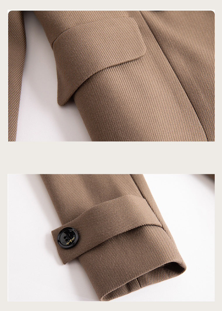Longline tailored coat, Coffee, pocket flap and cuff tab detail