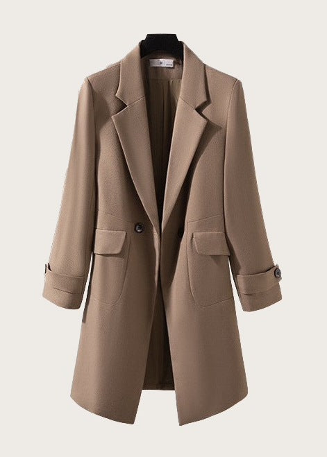 Longline tailored coat, Coffee, full length on a hanger