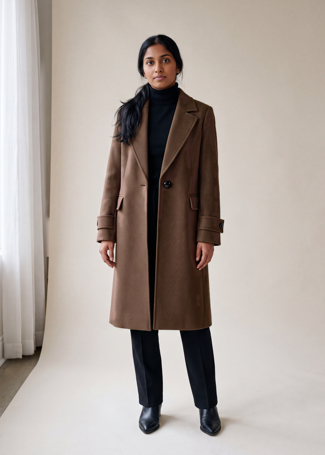 Longline tailored coat, Coffee, worn full length in the studio