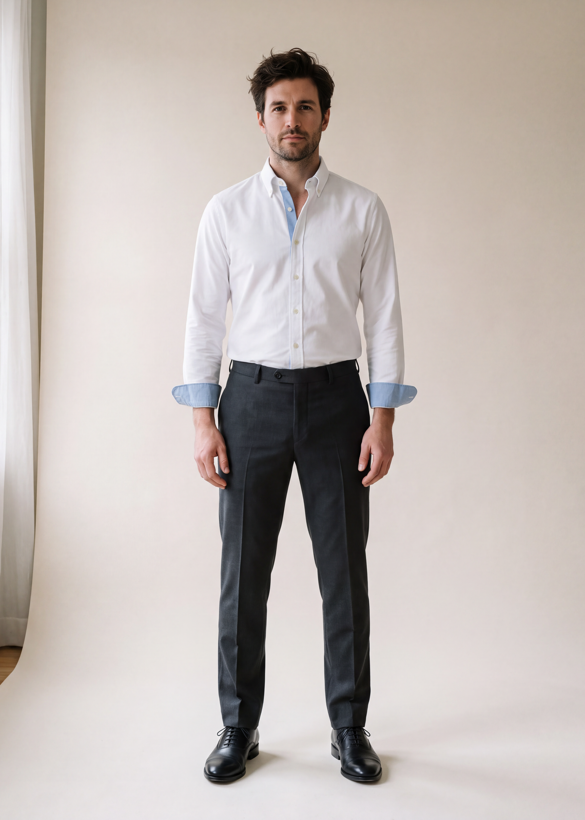 Cotton button down shirt, White, worn full length in the studio