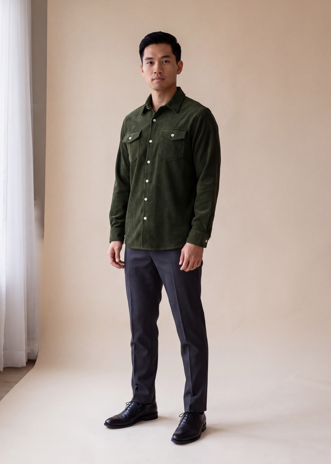 Corduroy overshirt, Army green, worn full length in the studio