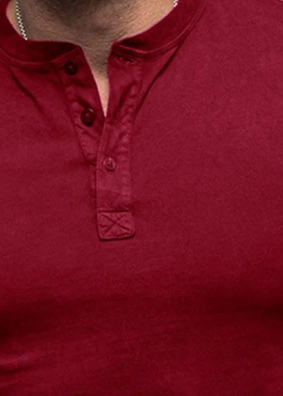Short sleeve cotton henley, Burgundy, placket detail