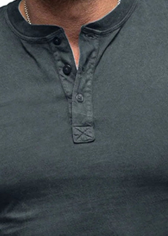 Short sleeve cotton henley, Dark Gray, placket detail