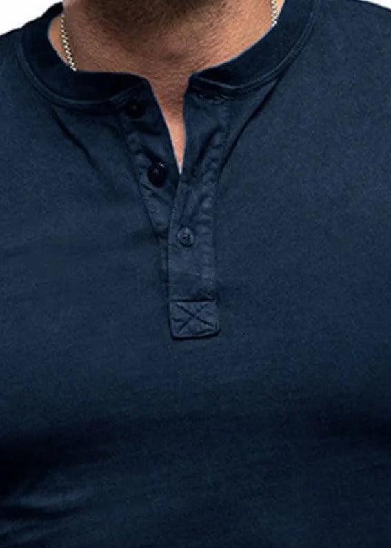 Short sleeve cotton henley, Navy, placket detail