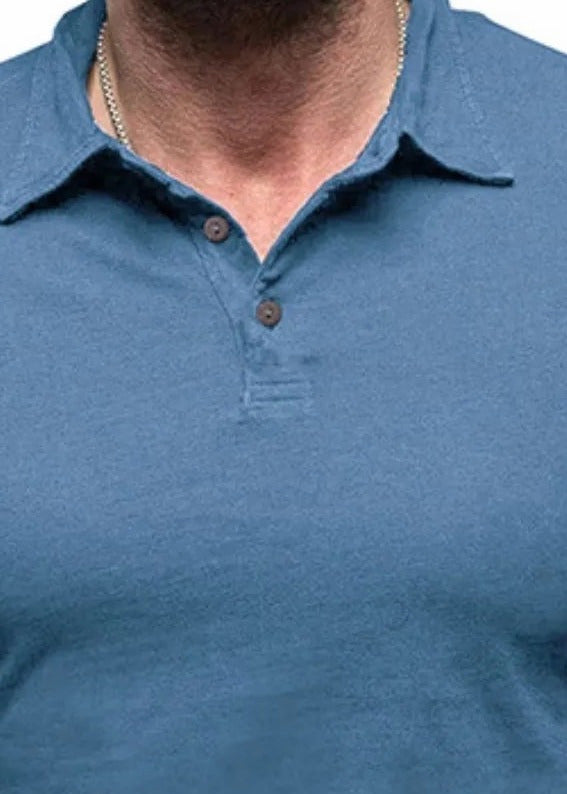 Long sleeve cotton polo, Dusty Blue, collar detail