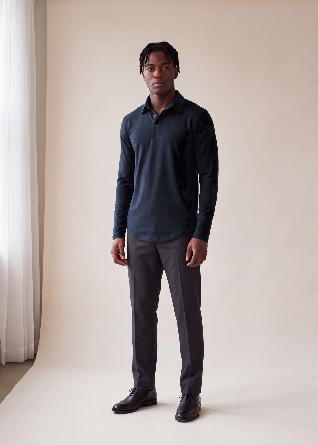 Long sleeve cotton polo, Navy, worn full length in the studio